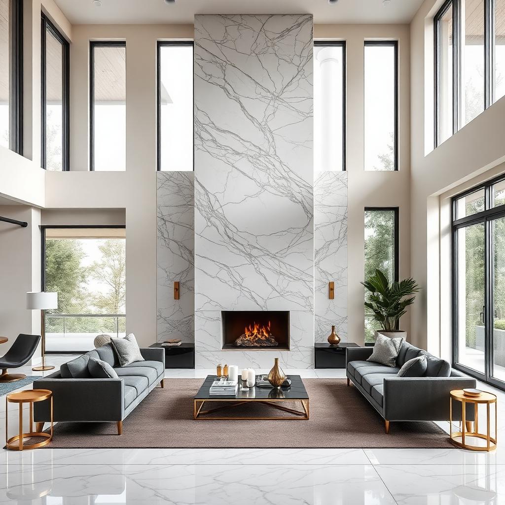 Luxury living room with marble fireplace