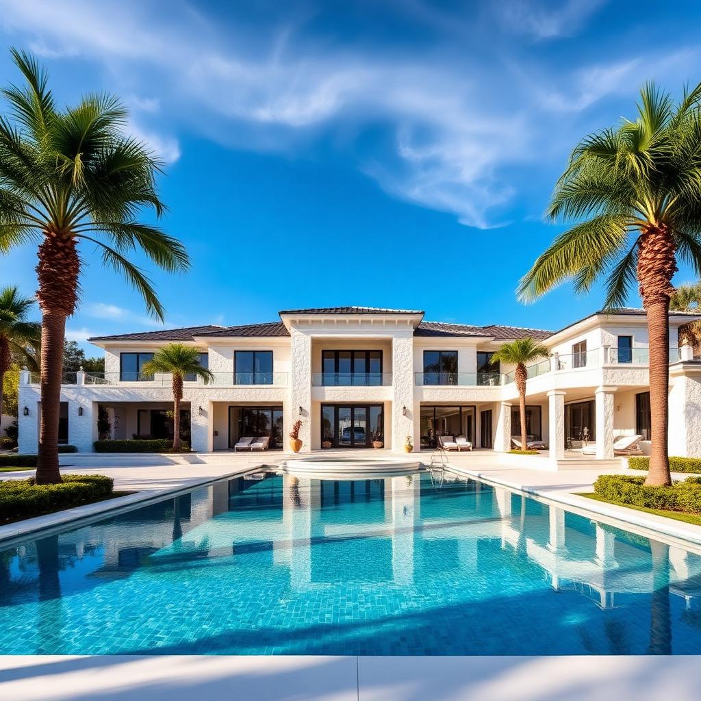 Luxury residential estate with palm trees and infinity pool