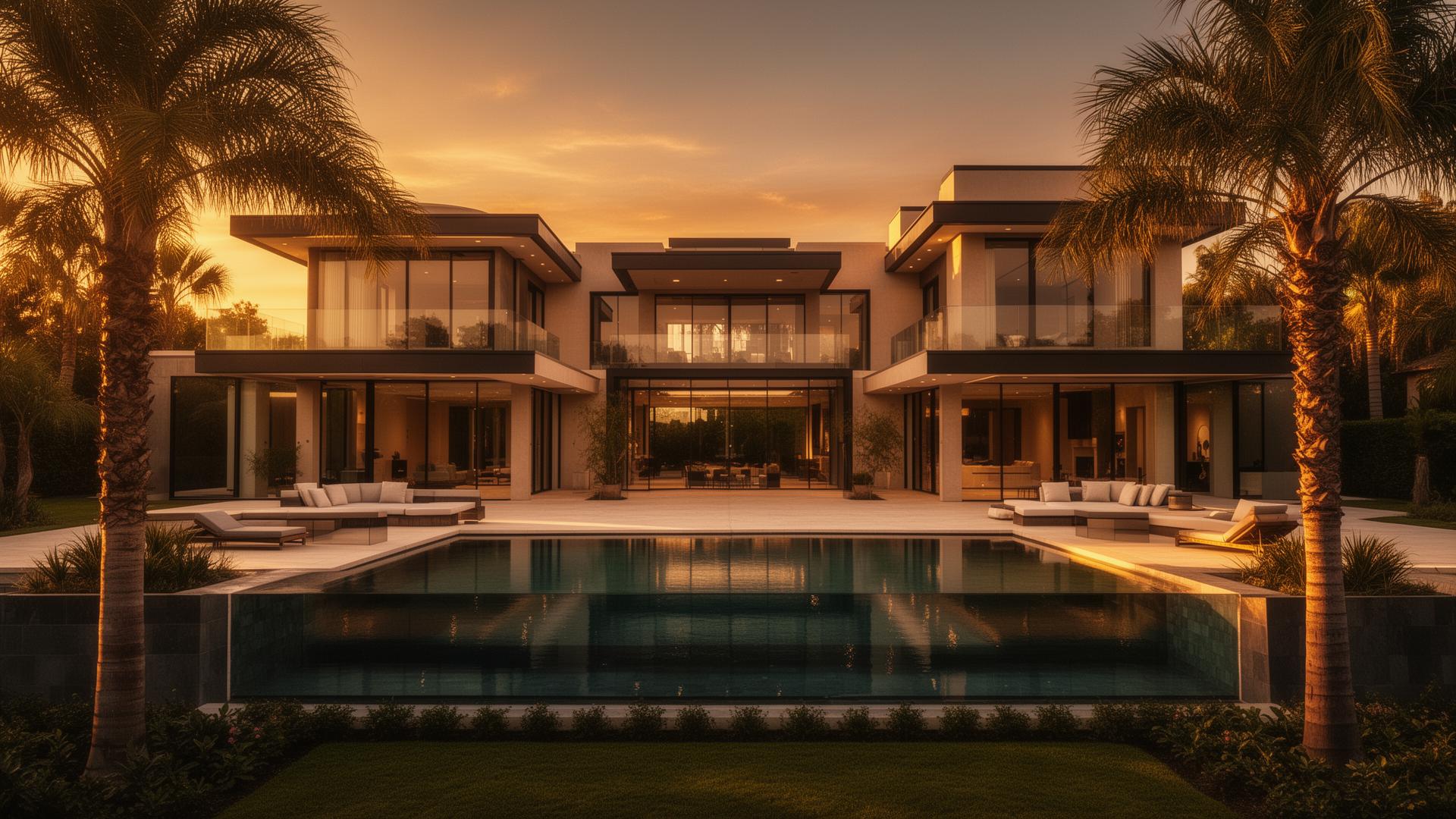 Luxury real estate mansion at sunset